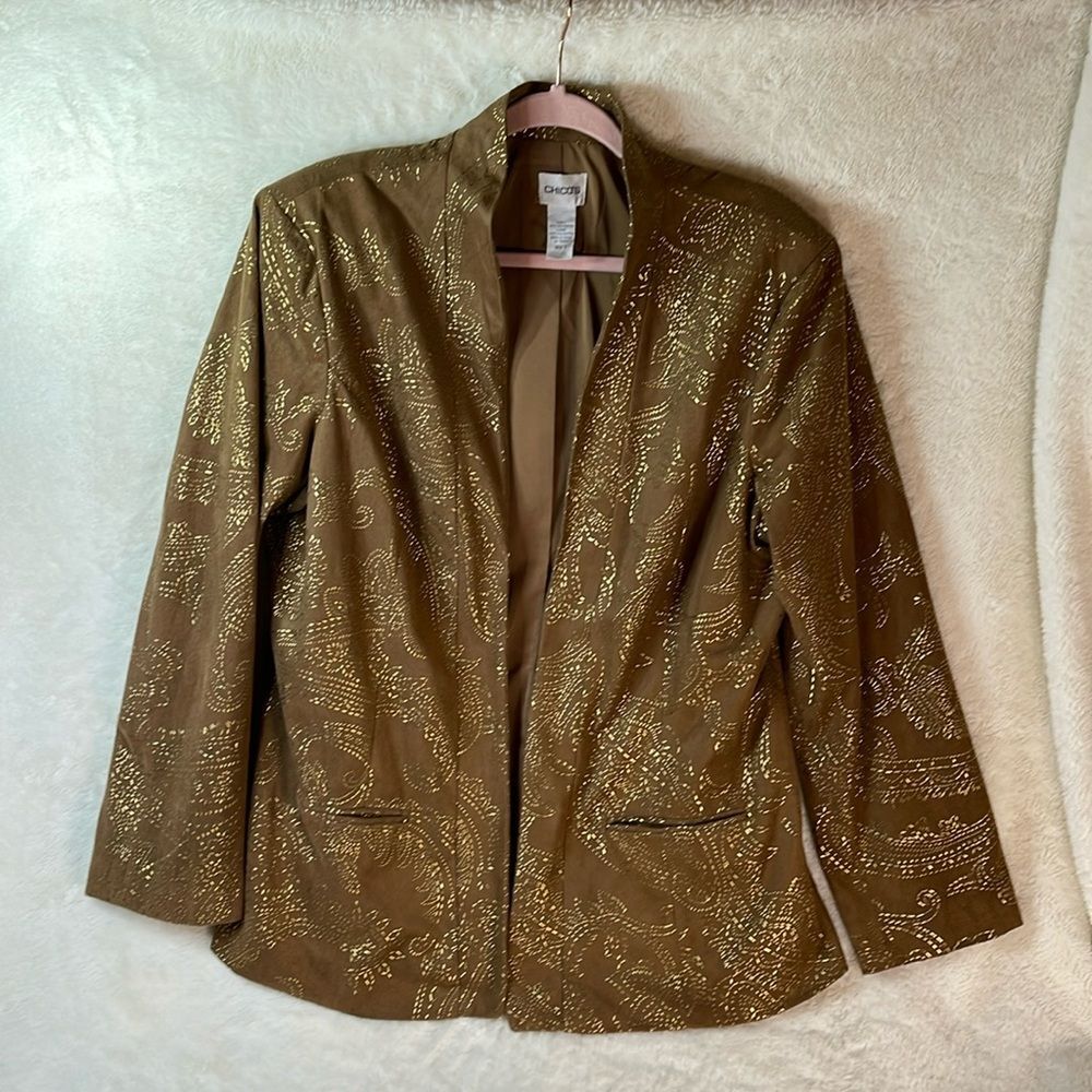 Chico’s Size 3 (L-XL) Tan Faux Suede Jacket | Gold Paisley Embroidered | Boho